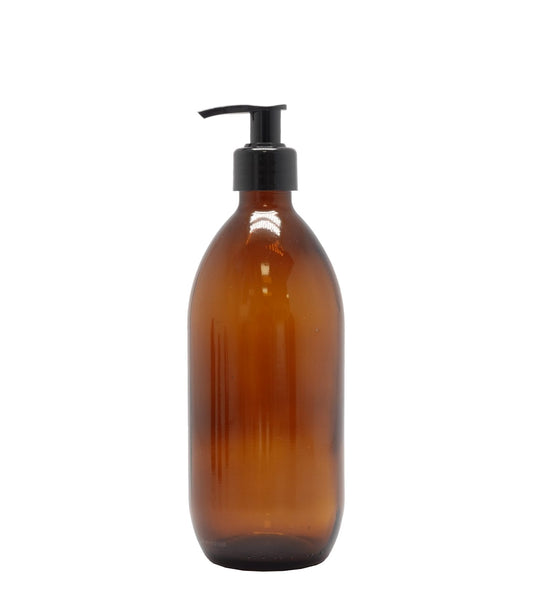 Product image of Amber Glass Generic Bottle With Lotion Pump Dispenser Black Smooth 28mm Neck