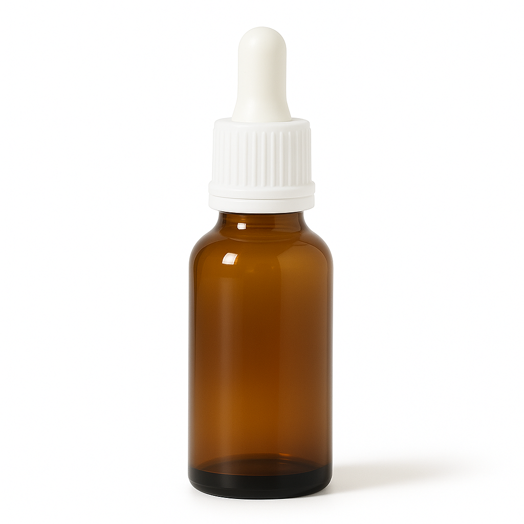 Product image of Amber Glass Aromatherapy Bottle 18mm Neck With Pipette Top White