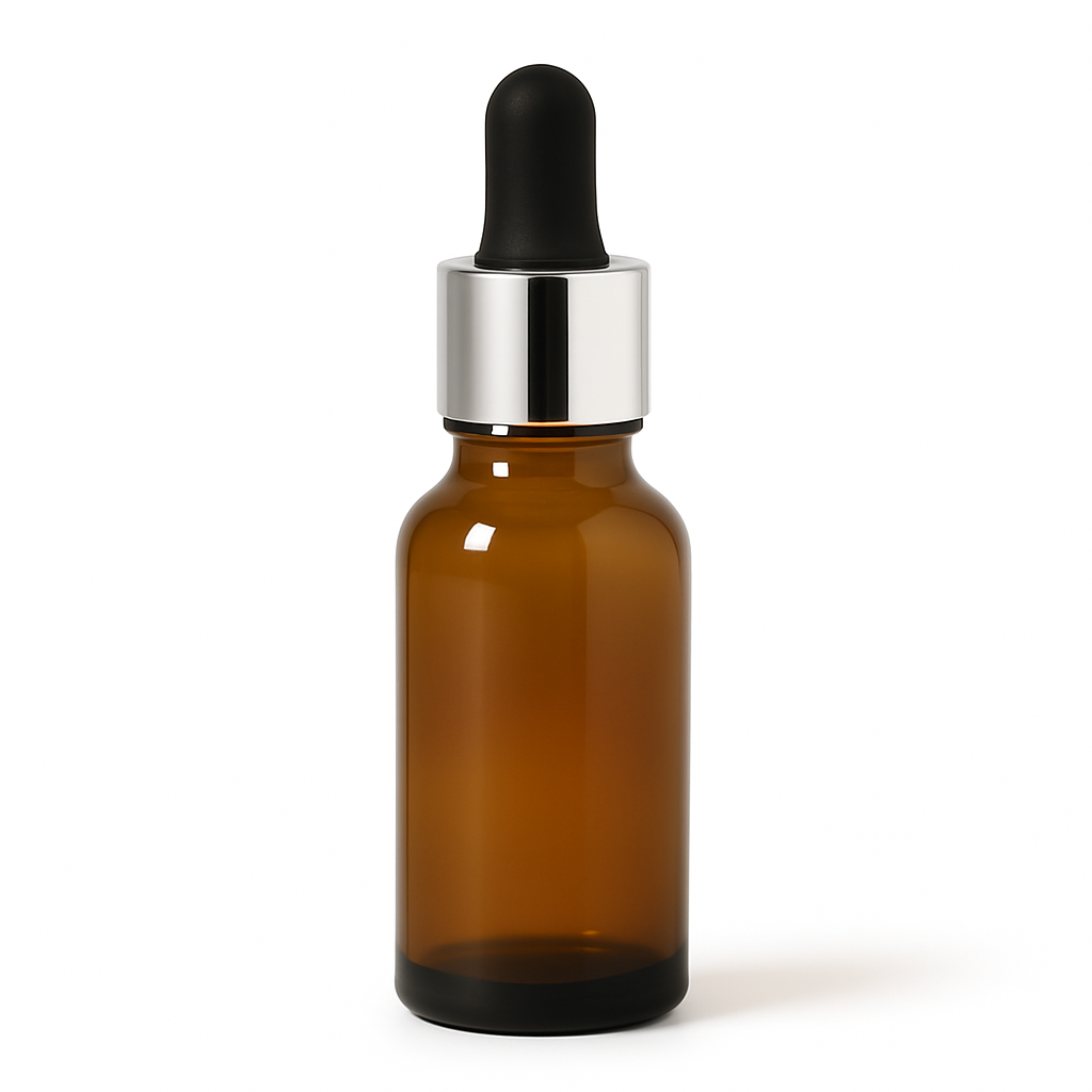 Product image of Amber Glass Aromatherapy Bottle 18mm Neck With Pipette Top Silver Collar Black Teat