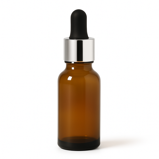 Product image of Amber Glass Aromatherapy Bottle 18mm Neck With Pipette Top Silver Collar Black Teat